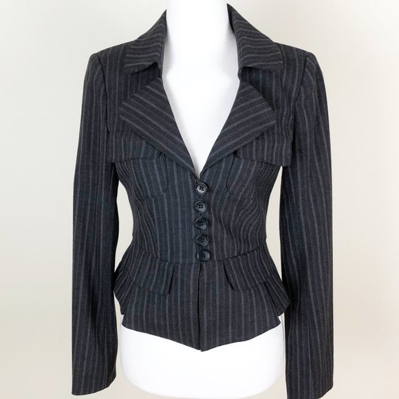 NANETTE LEPORE Jacket Blazer Short Fitted Pinstripe Gray Grey 2 - Picture 2 of 9